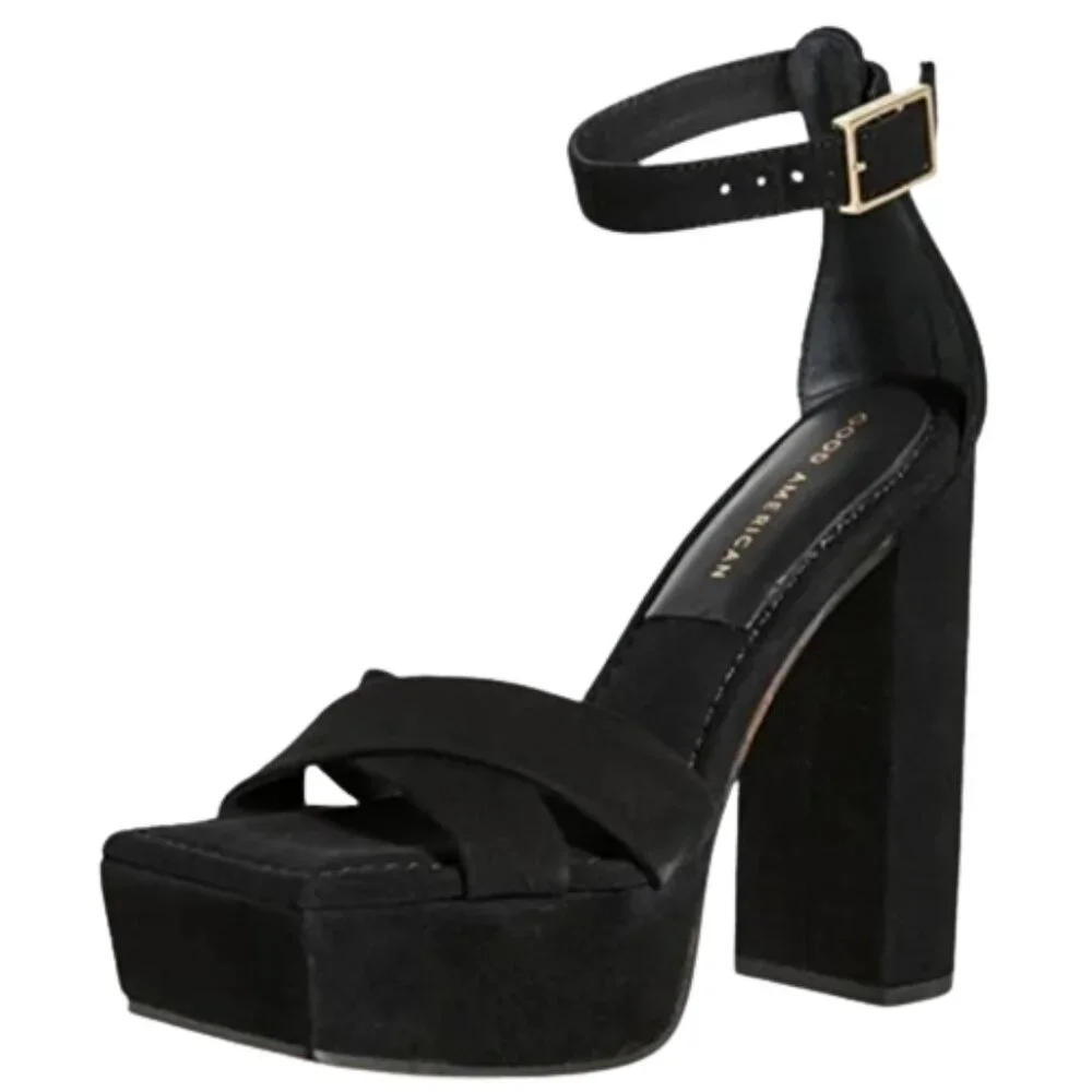 Good American Square Toe Chunky Heel Strappy Platform in Black Suede